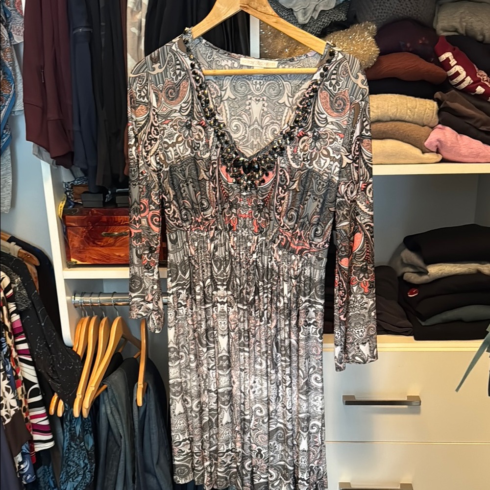 Boston Proper Silver Brown A-line Pleated Long Sleeve Dress